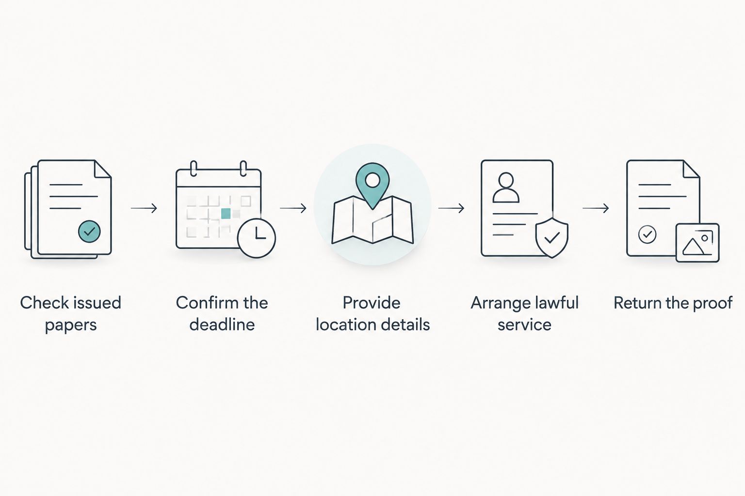 Steps from checking court-issued papers to returning proof of service