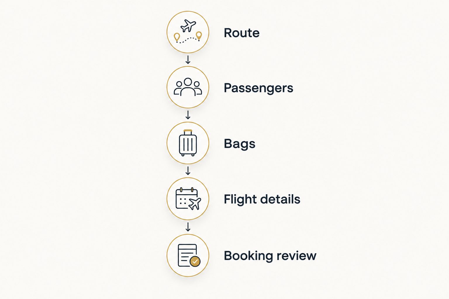 Booking sequence covering route, passengers, bags, flight details and final review