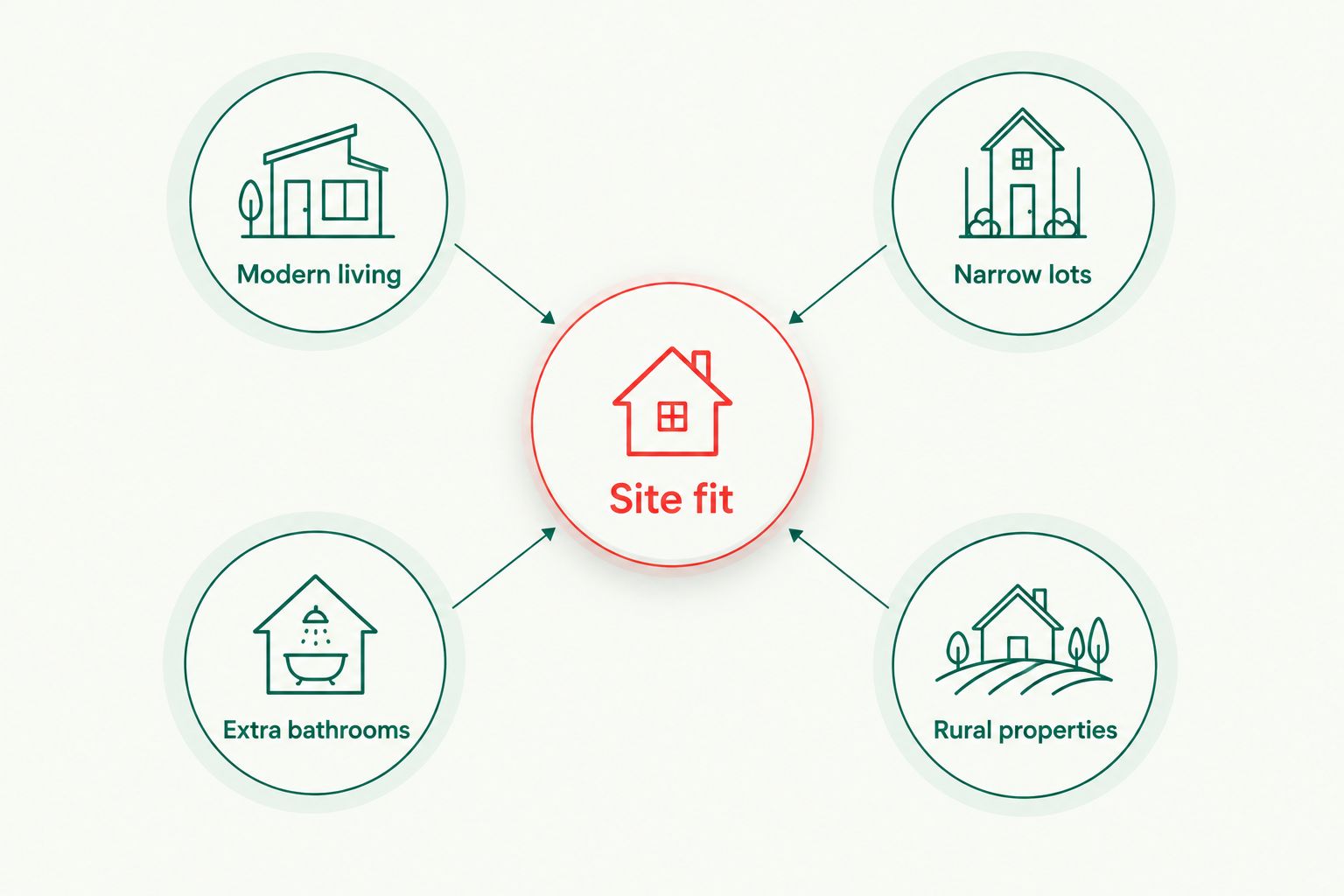 Site fit connects four plan priorities: modern living, narrow lots, extra bathrooms and rural properties.