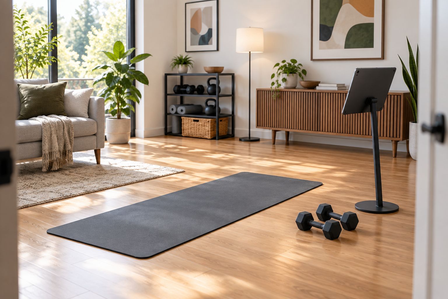 Home workout space with a clear mat, dumbbells beside it, and a tablet on a stable stand