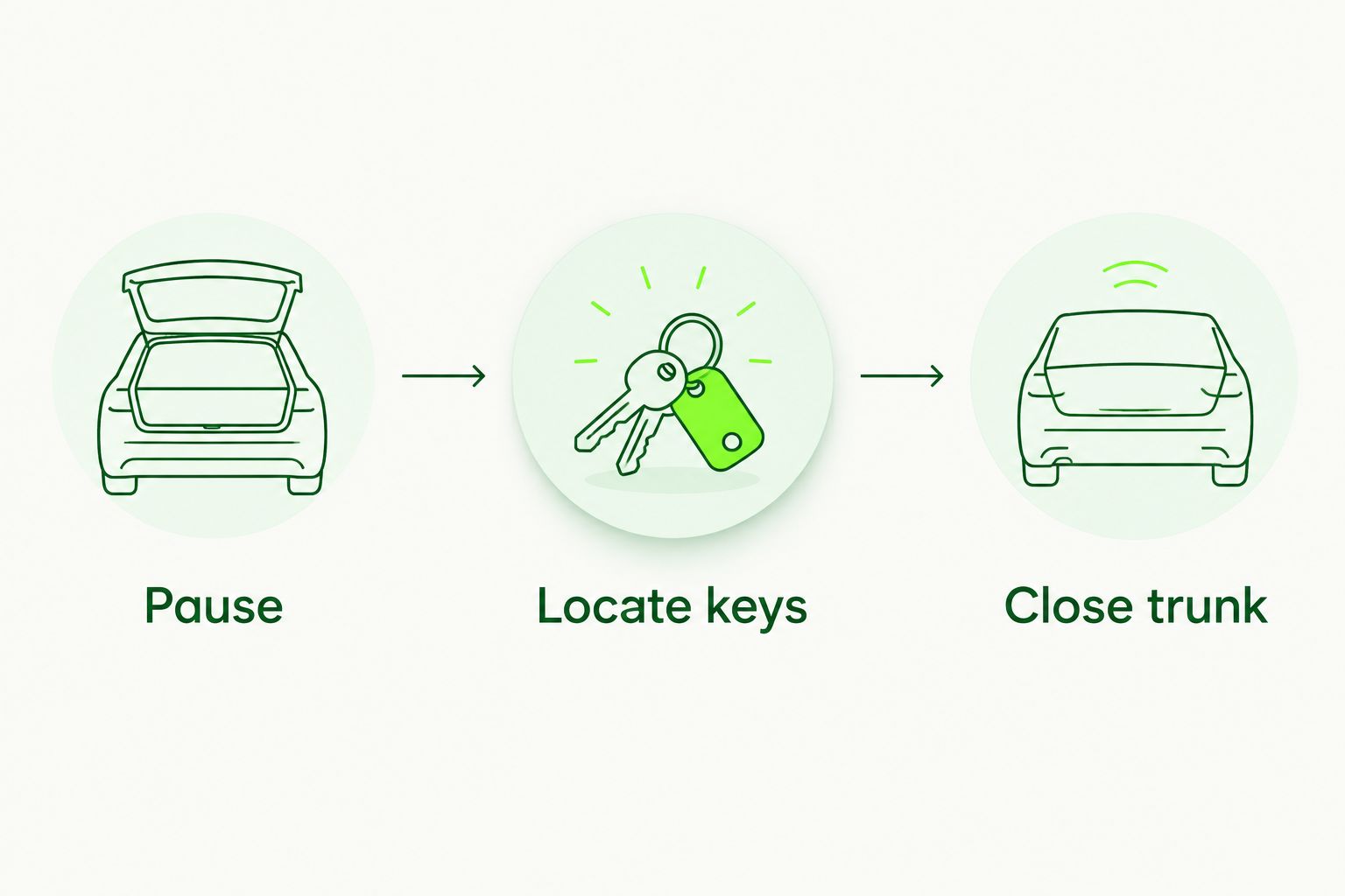 Three-step trunk-closing routine: pause, locate keys, then close the trunk.