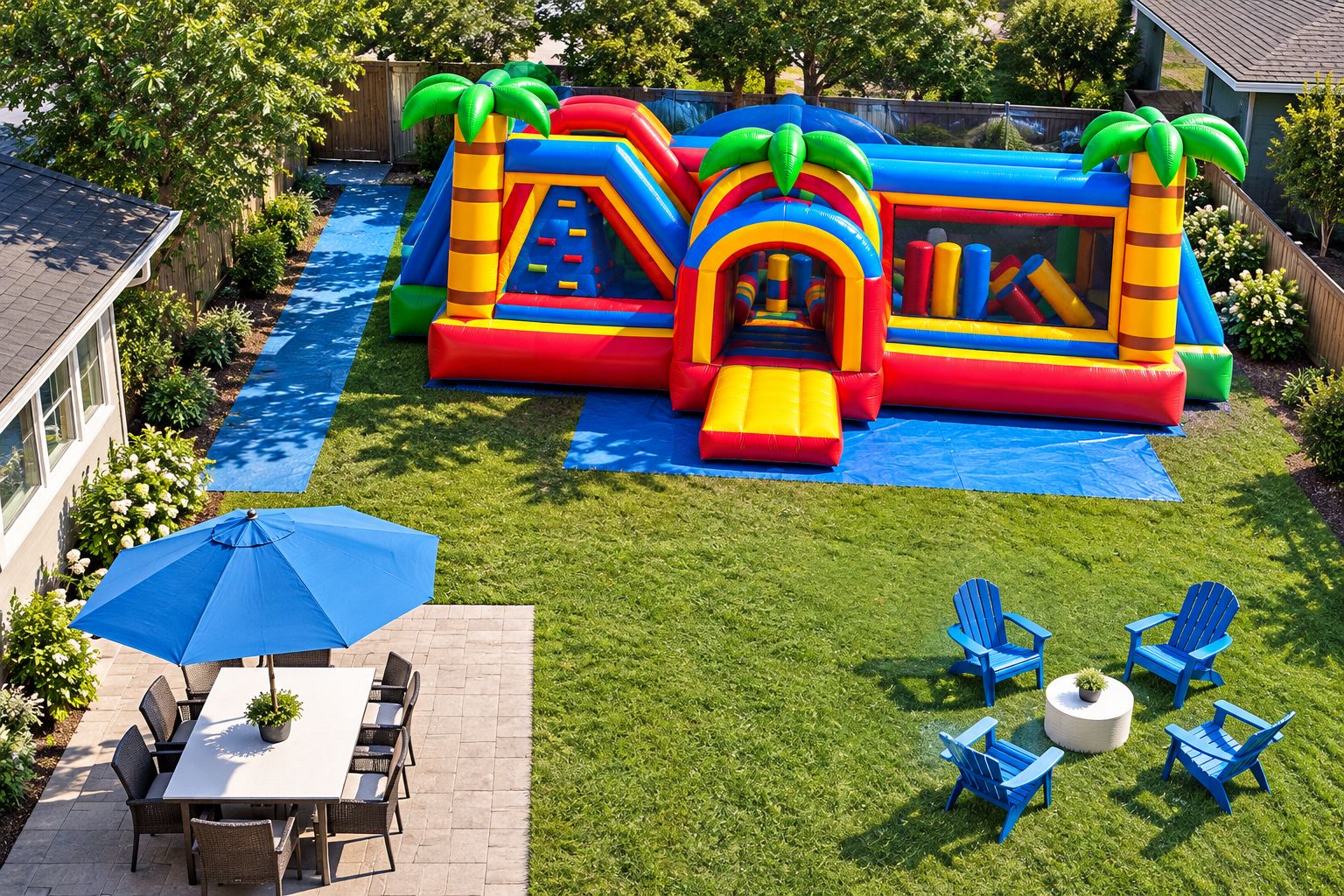 Backyard layout with an inflatable obstacle course, clear access route and separate seating and waiting areas