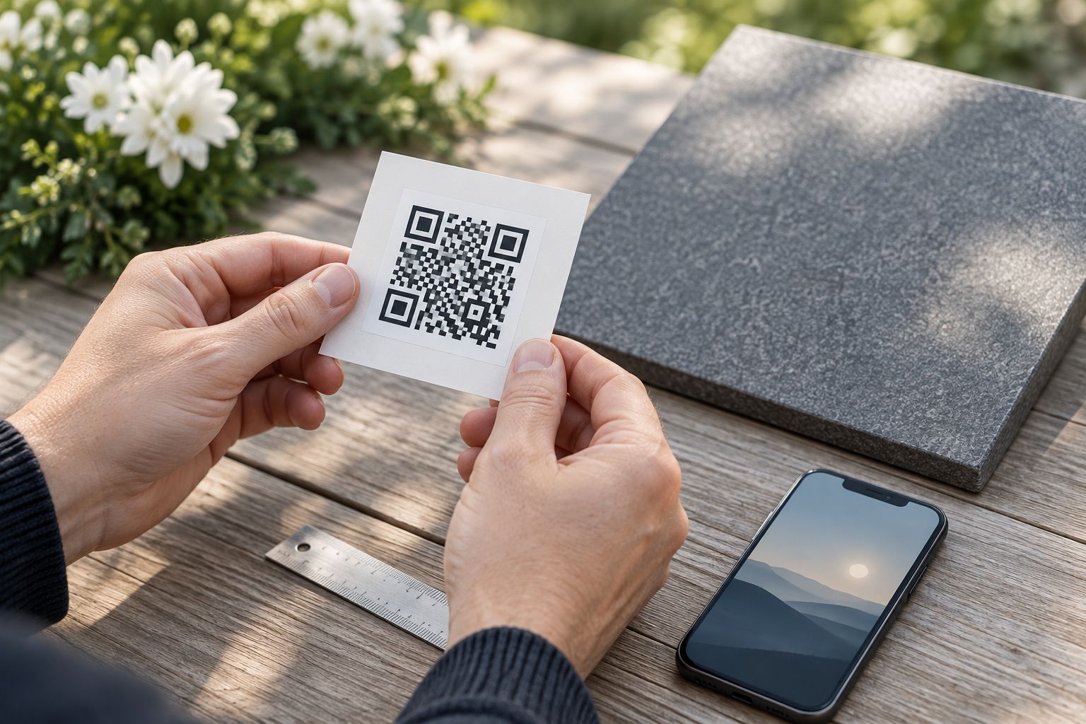 Hands checking a paper QR proof beside a flat panel before making a decal