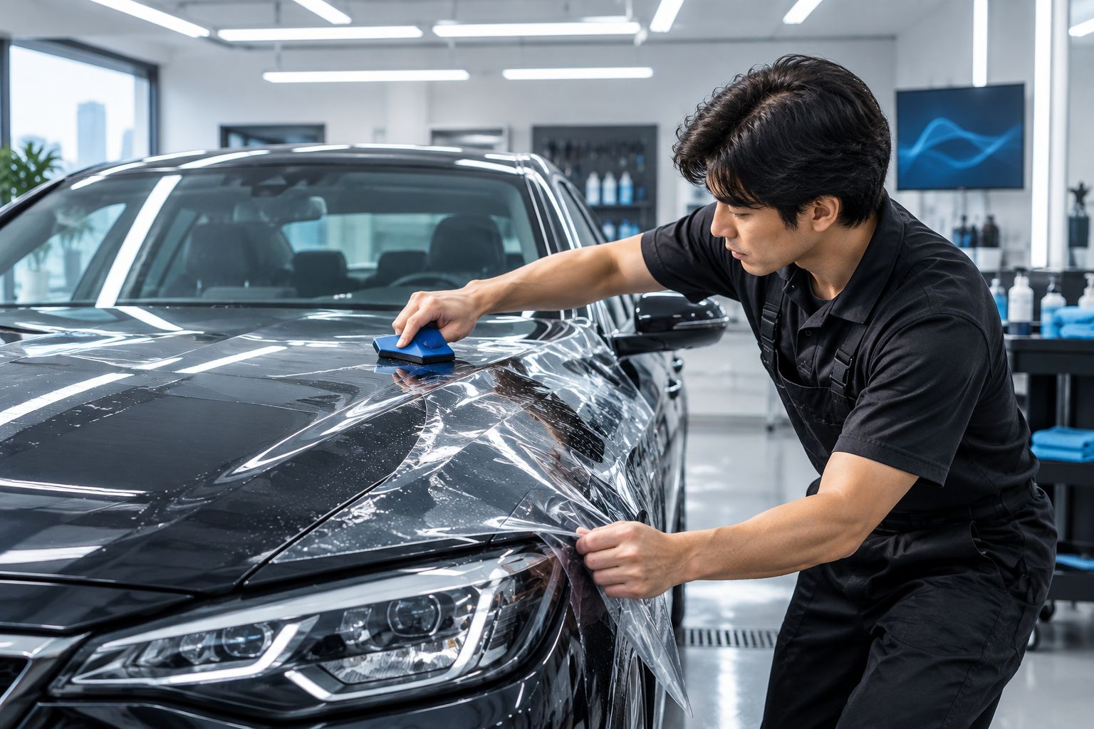 Next powered by EA Detailer Technician applying paint protection film to a car hood in a workshop