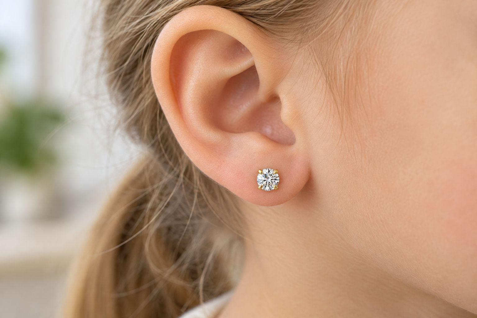 Flat back stud earring sitting flush against a child's earlobe