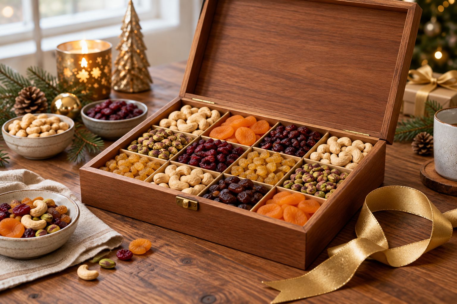 Open wooden gift box with cashew and dry fruit compartments for New Year gifting