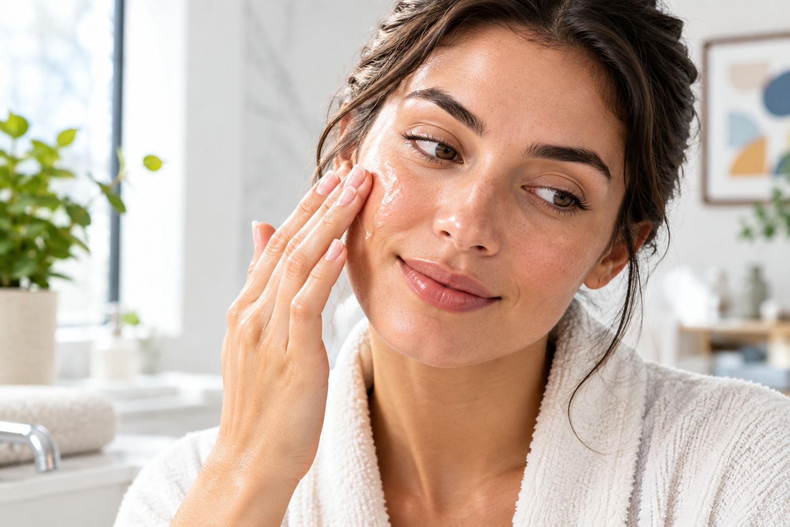 Hands pressing hydrating serum into cheek skin during a morning routine