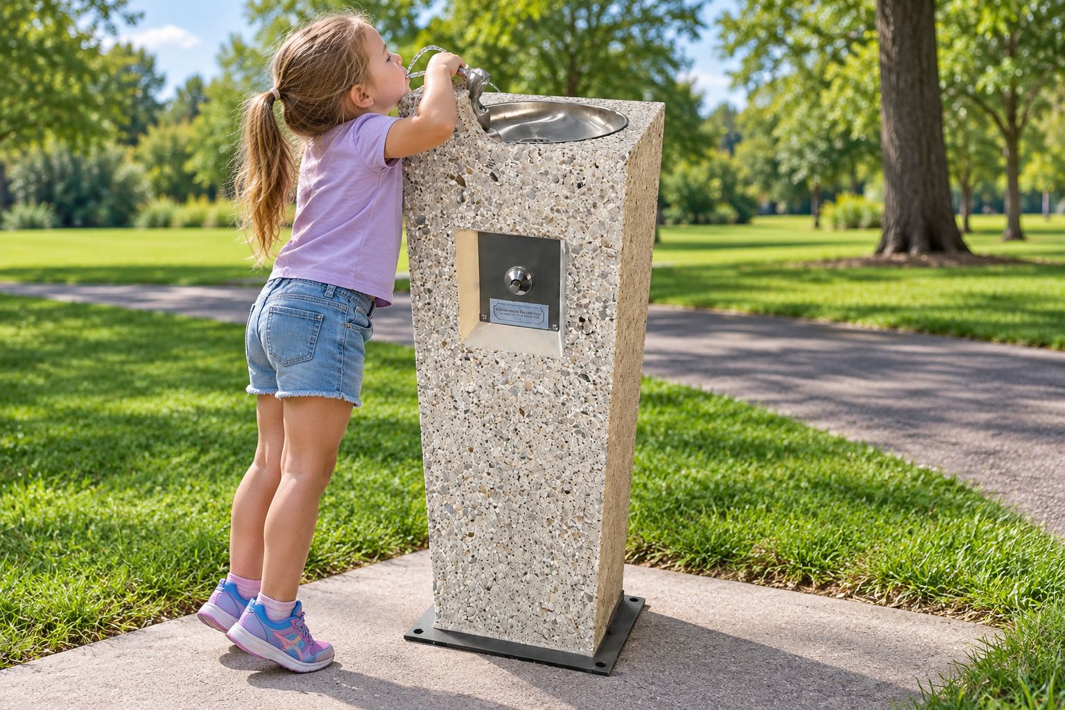 Concrete pedestal drinking fountain installed on a park walking path