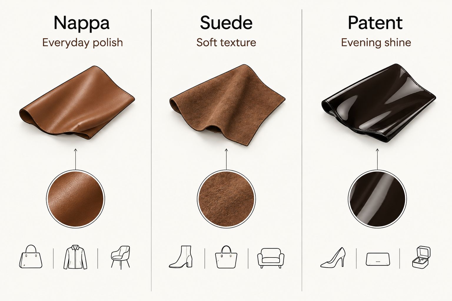 Three-column comparison of nappa, suede and patent boot finishes and what each suits