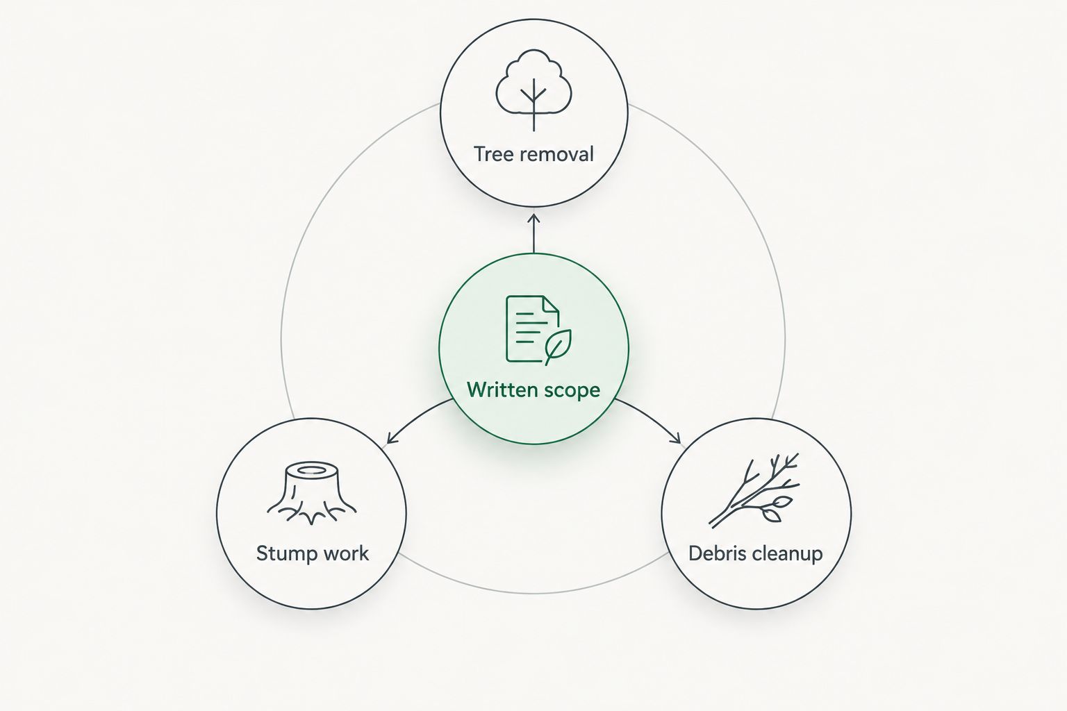 Written scope connected to tree removal, stump work, and debris cleanup