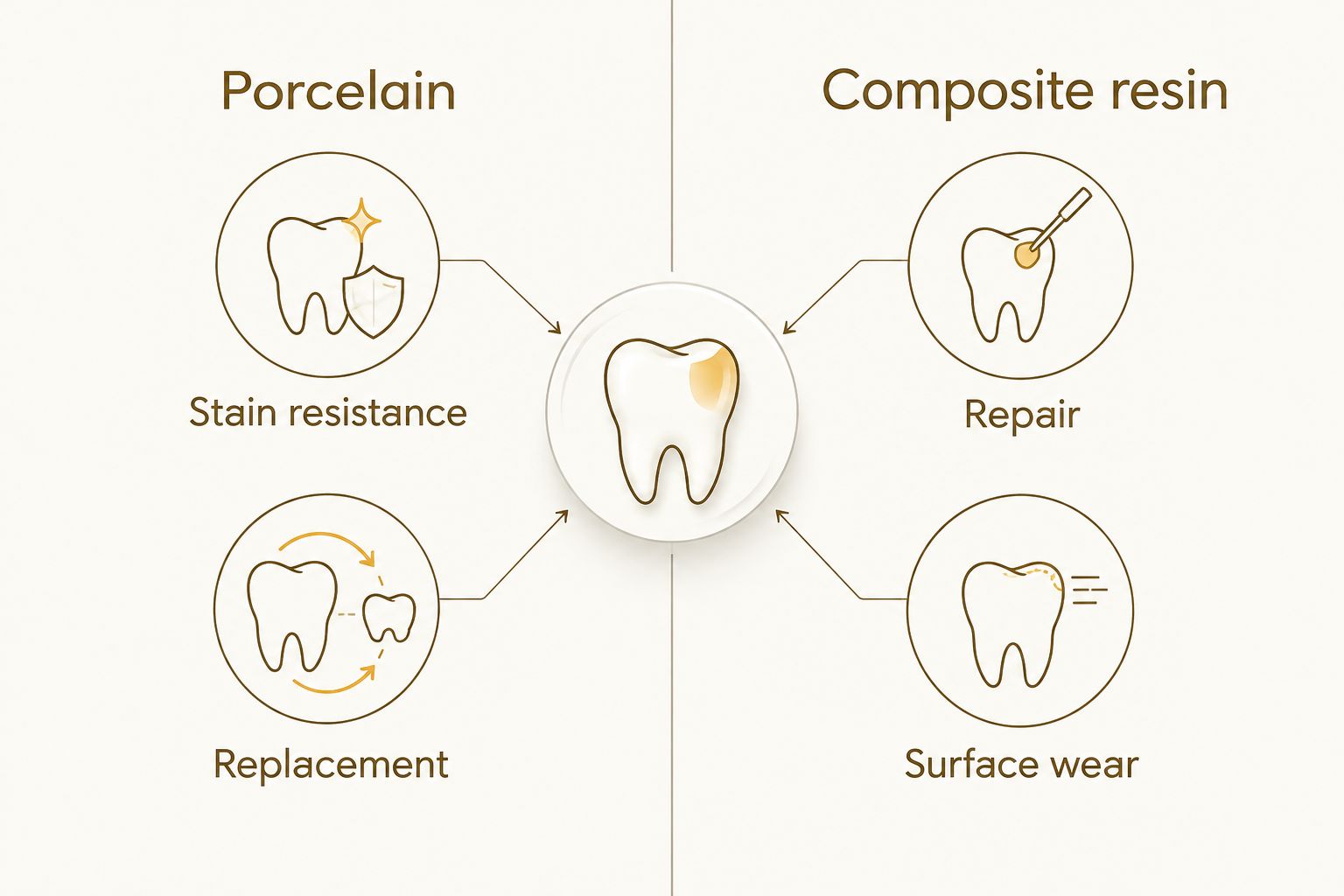 Comparison of porcelain stain resistance and replacement with composite repair and surface wear