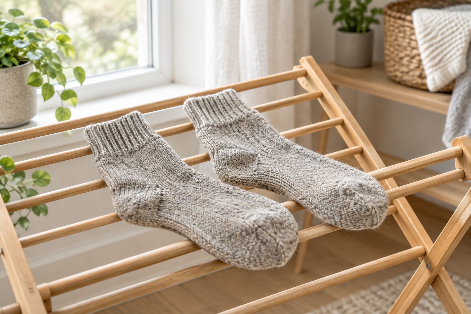 Wool socks laid flat on a drying rack to air dry