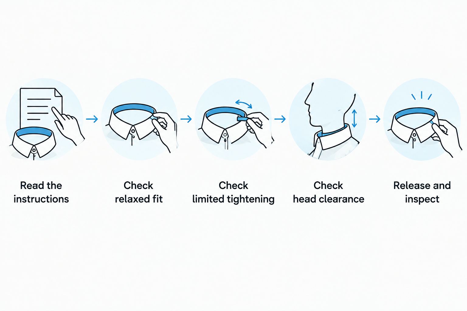 Five checks for martingale collar instructions, relaxed fit, tightening, head clearance, and condition