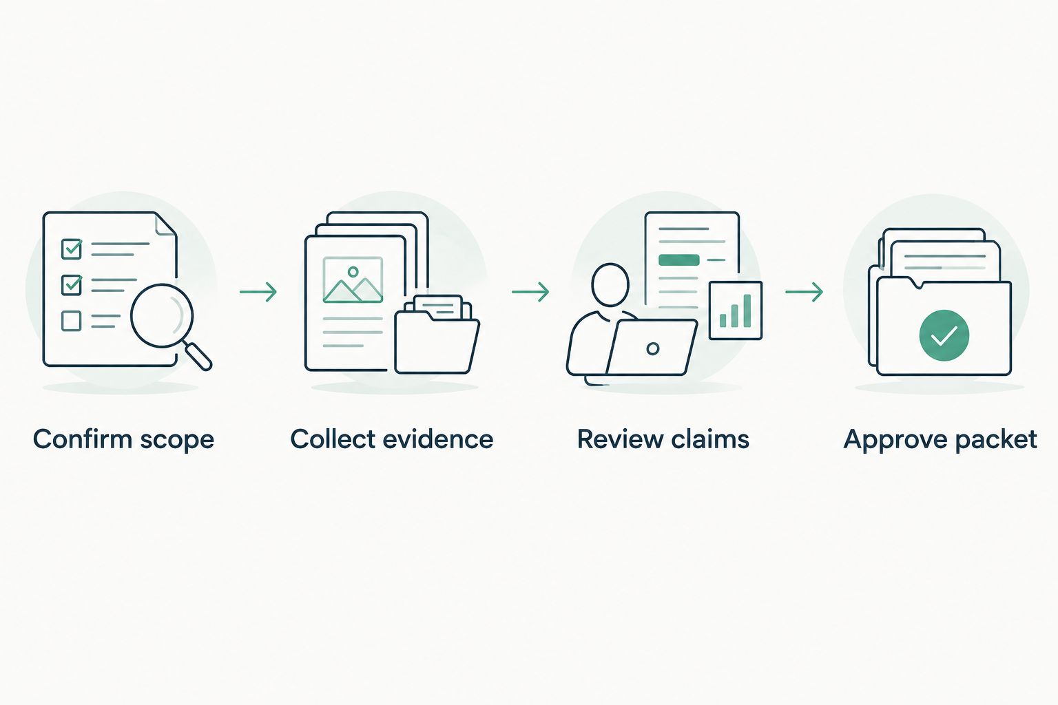 Illustrative sequence from scope confirmation through evidence collection, claim review and packet approval.