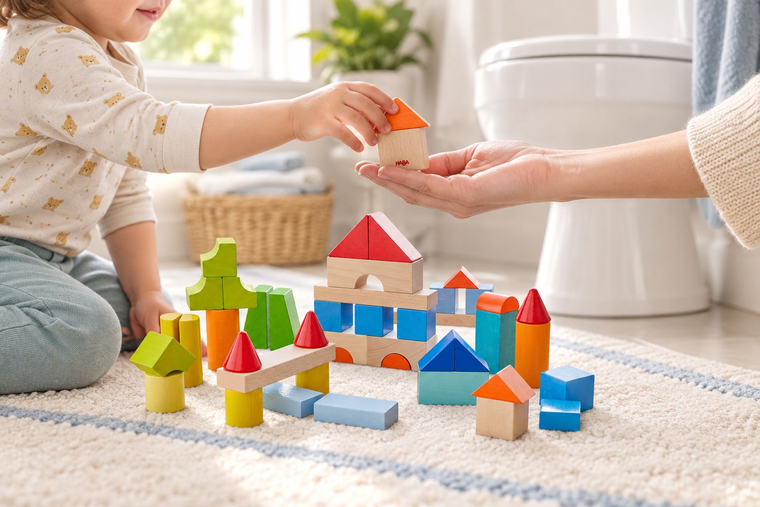 Toddler receiving one wooden building block as a potty training reward