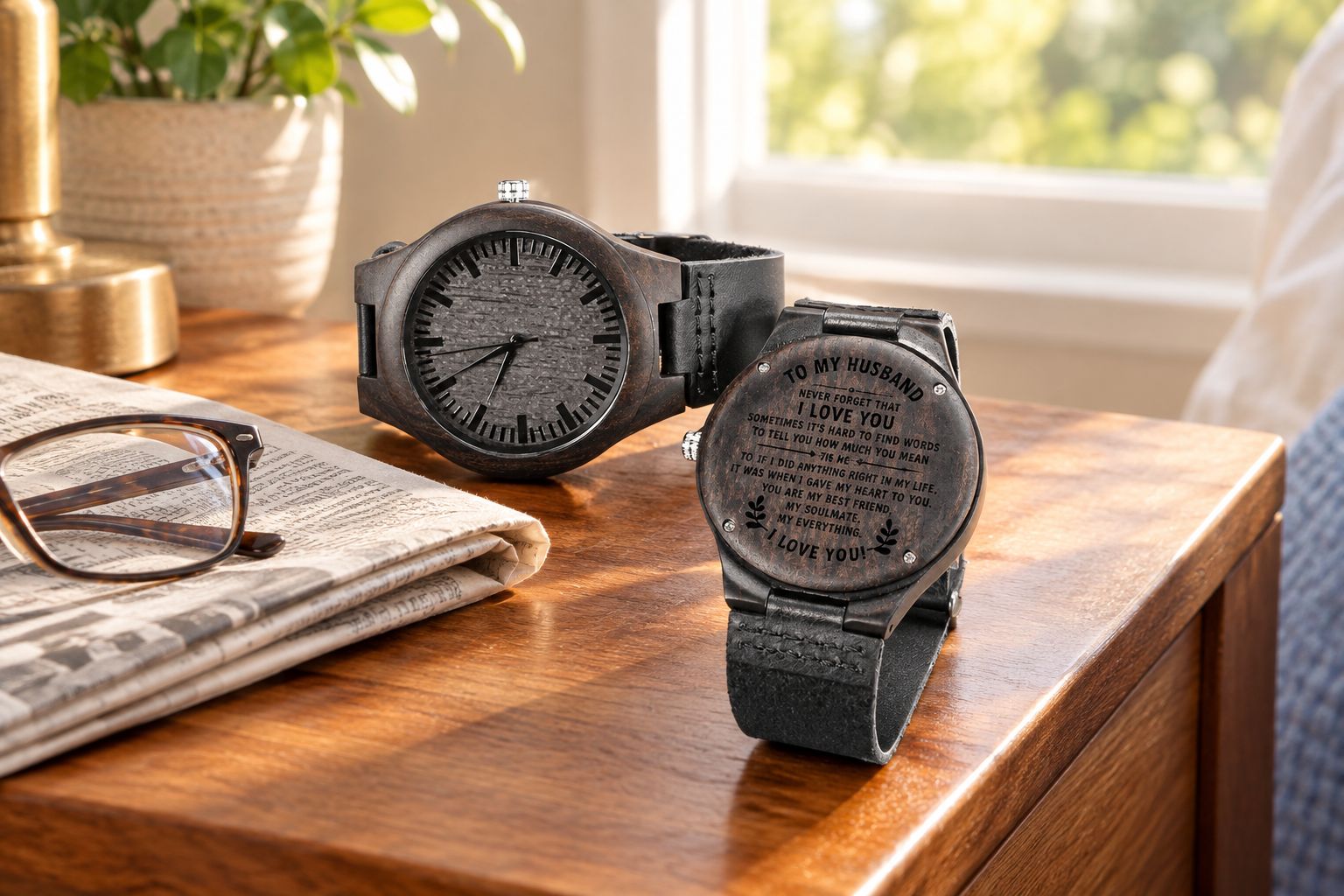 Engraved men's watch on a nightstand in morning light
