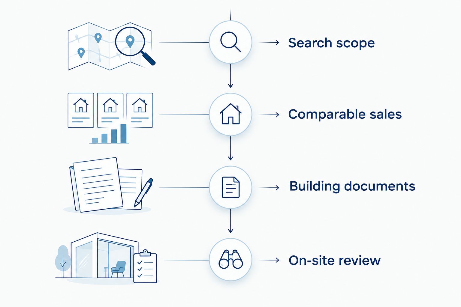 Four research phases from defining the search to reviewing the property on site