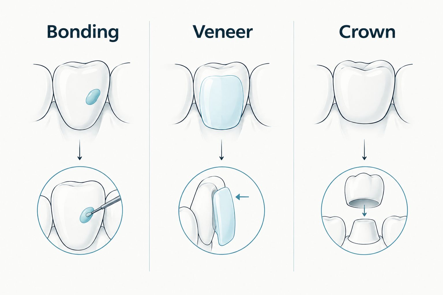 Comparison of bonding on a chipped area, a veneer on the front surface, and a crown covering a prepared tooth.