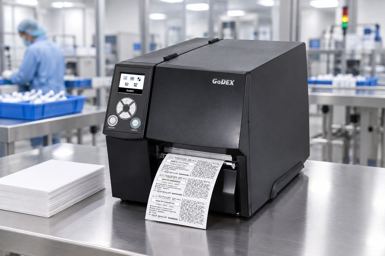 GoDEX ZX430i+ thermal printer on a production bench printing a label