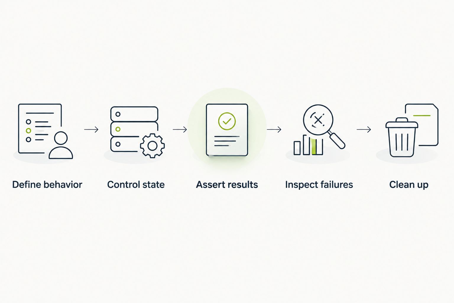 API test sequence from defining behavior through assertions, failure inspection, and cleanup
