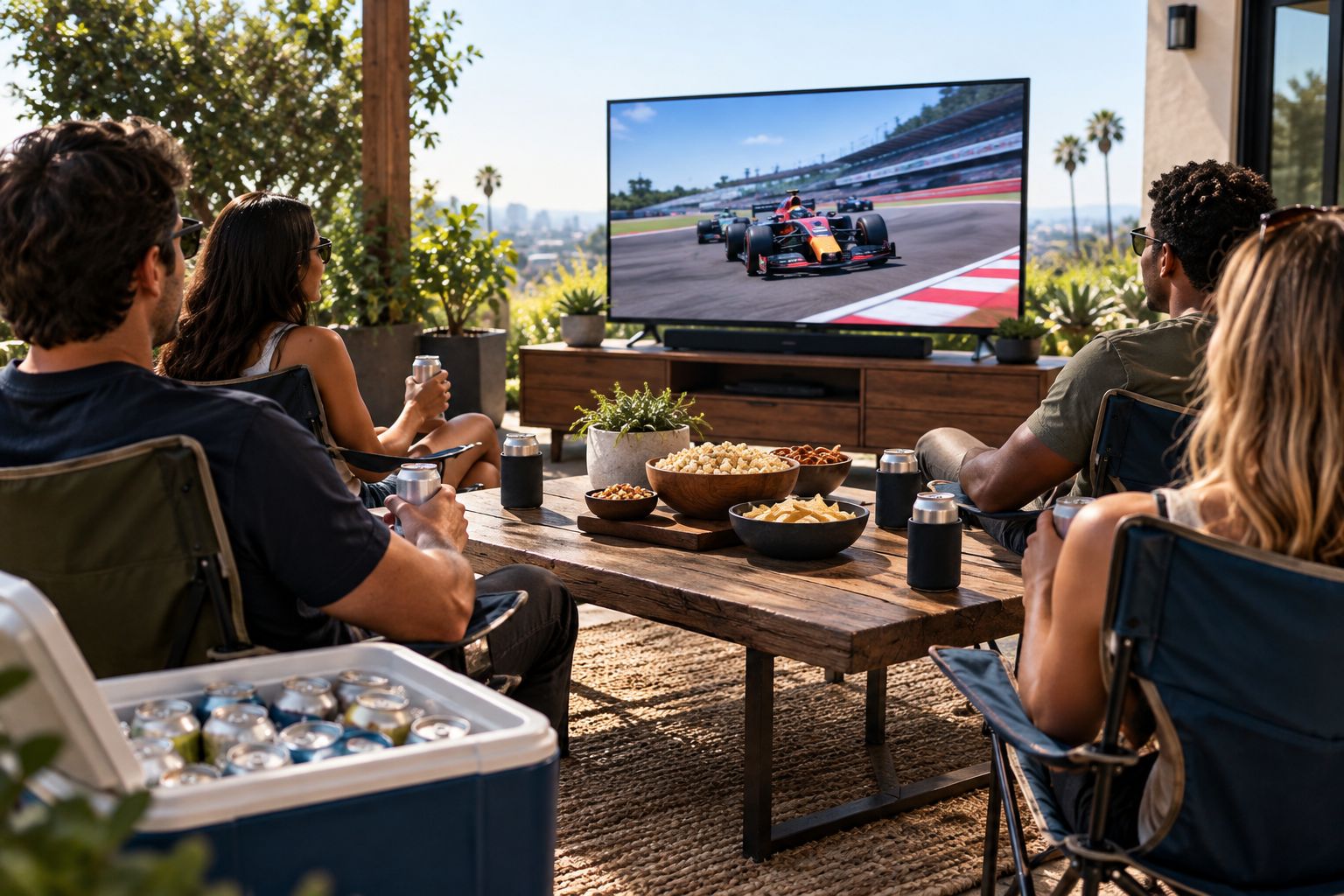 Backyard patio set up for a Formula 1 watch party with a cooler of canned beer