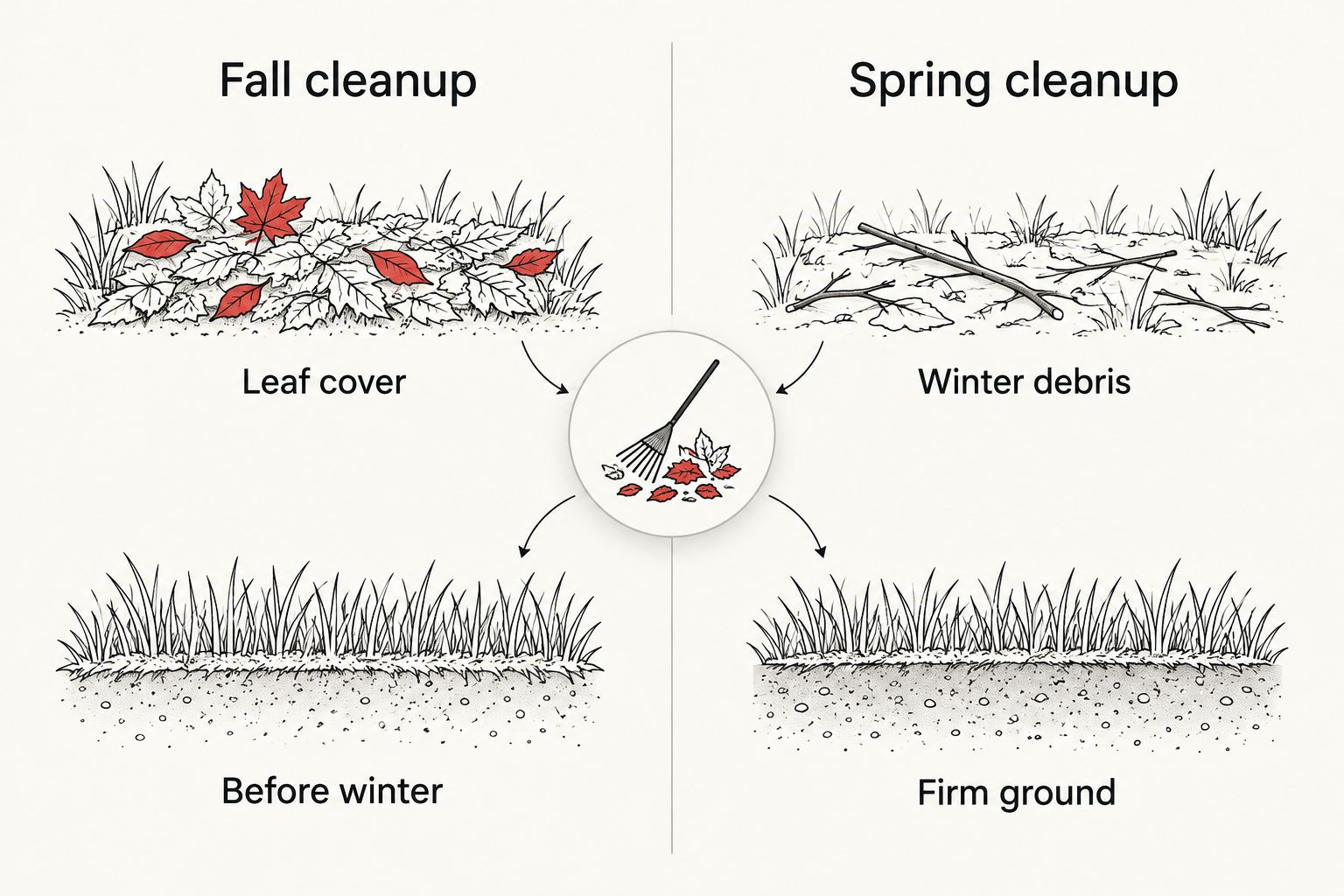 Fall cleanup addresses leaf cover before winter; spring cleanup addresses winter debris when ground is firm.