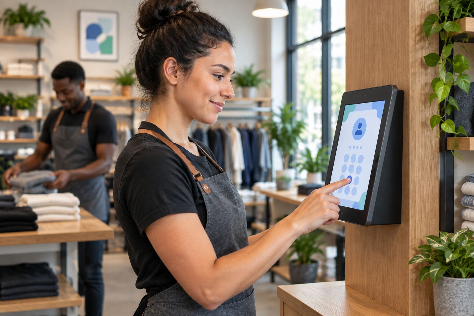 Employee clocking in on a tablet kiosk at a retail store counter