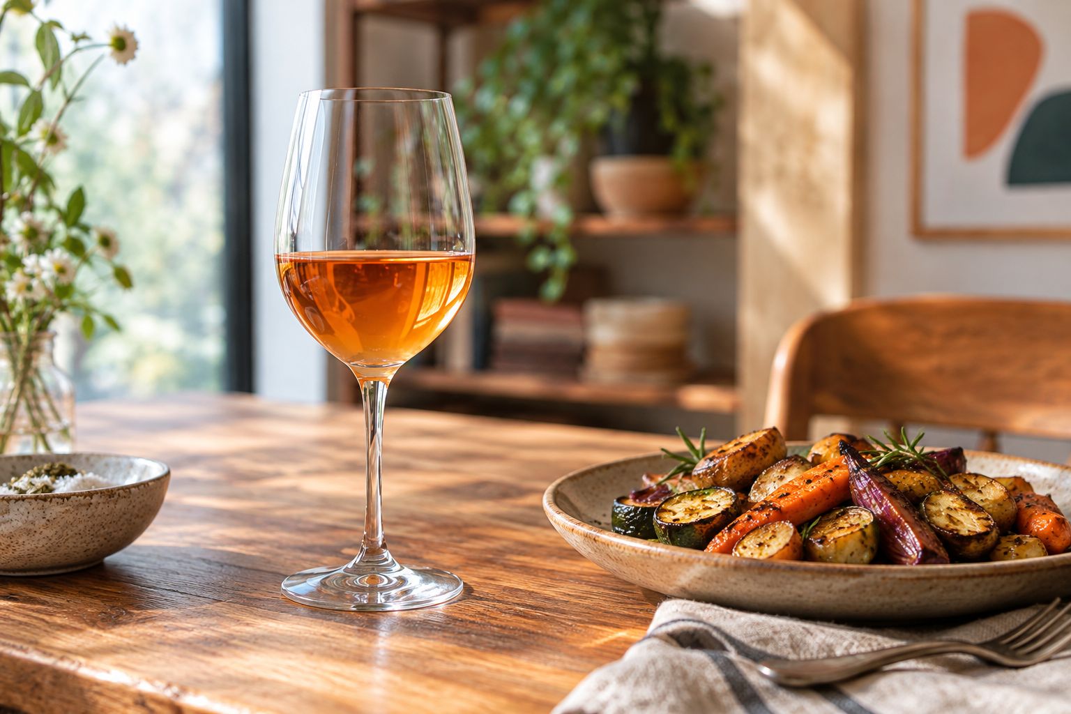 A glass of amber-colored wine beside roasted vegetables on a casual dining table.