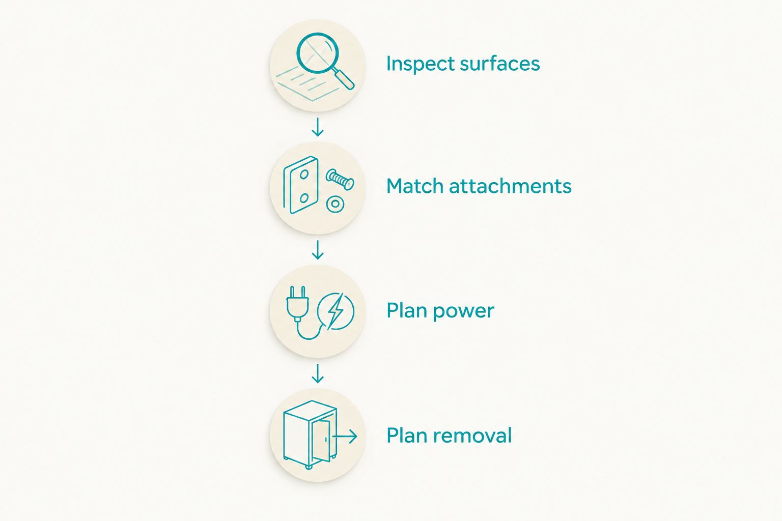 Four planning steps covering surfaces, attachments, power, and removal