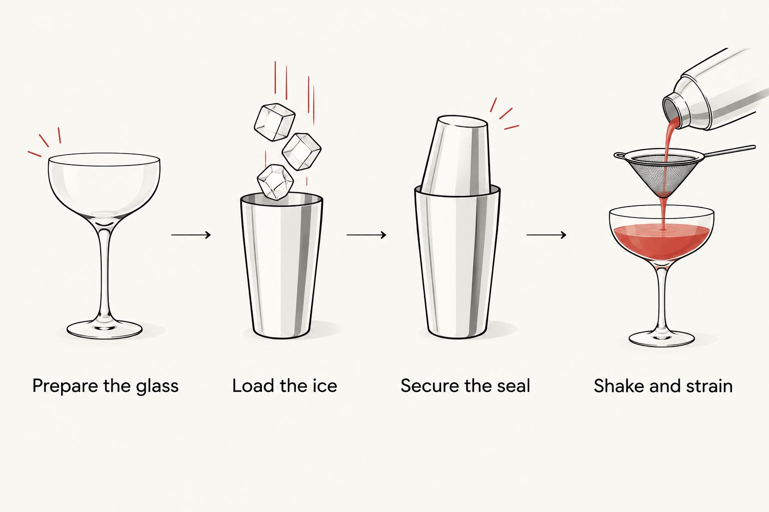 Sequence showing glass preparation, ice loading, sealing, and shaking before straining.