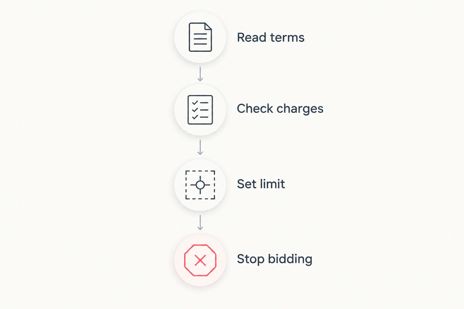 Four bidding steps: read terms, check charges, set a limit, and stop bidding.
