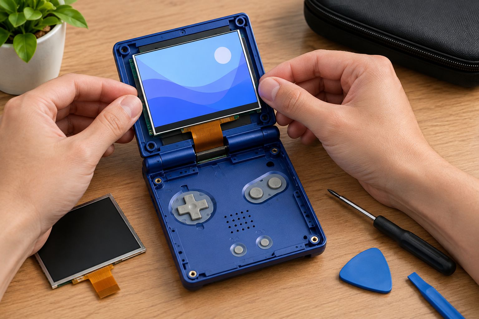 Hands fitting a backlit screen into an open clamshell handheld console