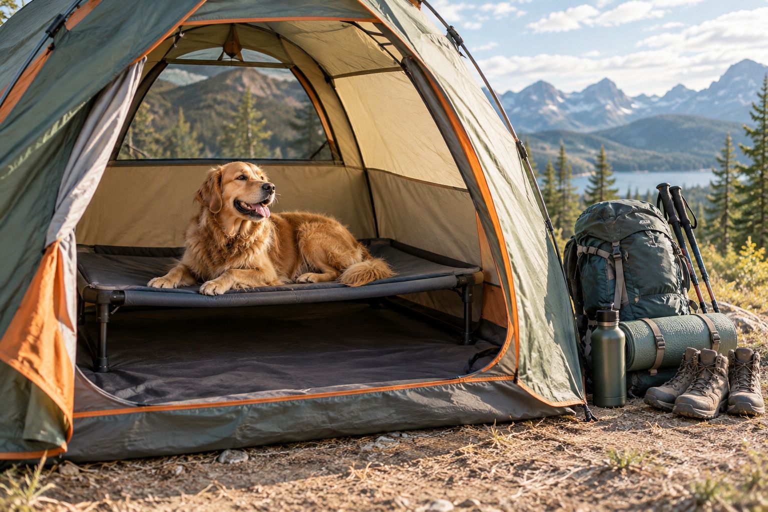 Dog resting on a portable bed inside a tent with room around the sleeping area