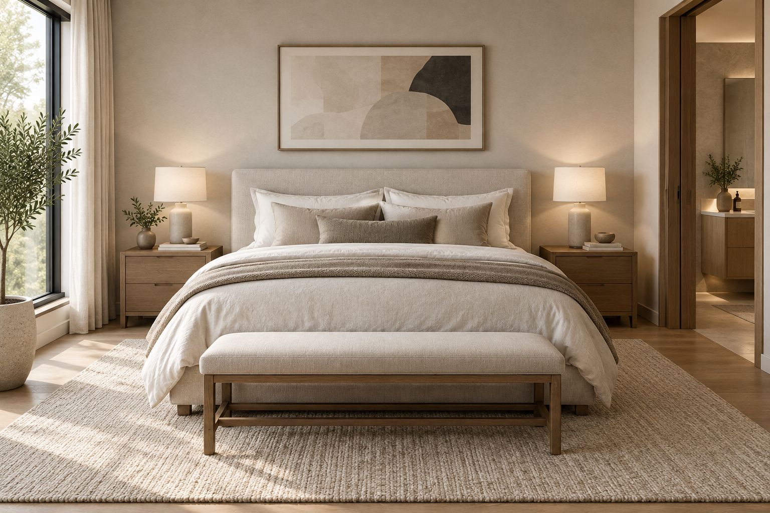 Hotel-inspired bedroom with layered neutral bedding, bedside tables and soft lighting