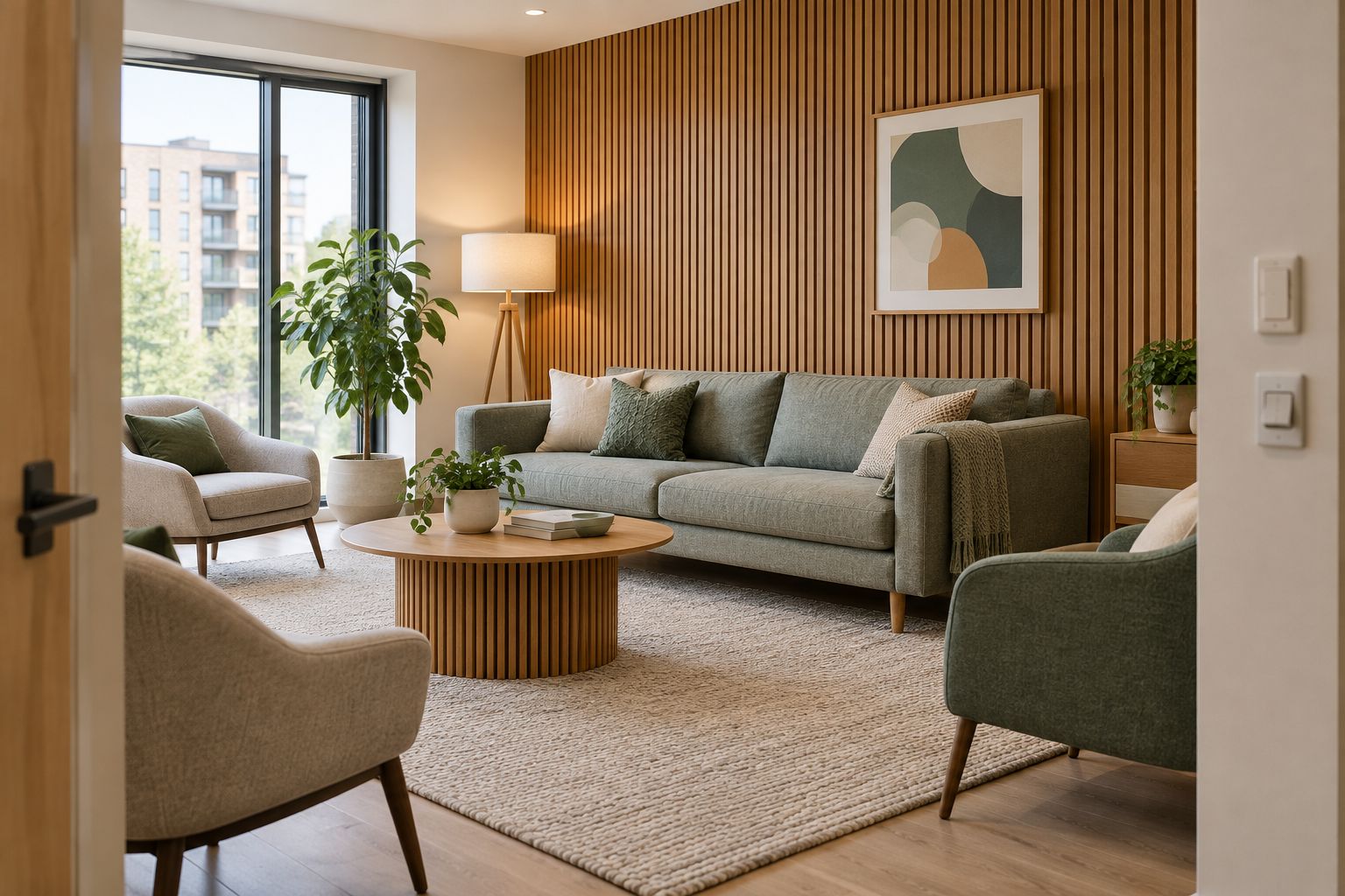 Wooden slat feature wall beside seating in a shared residents’ lounge