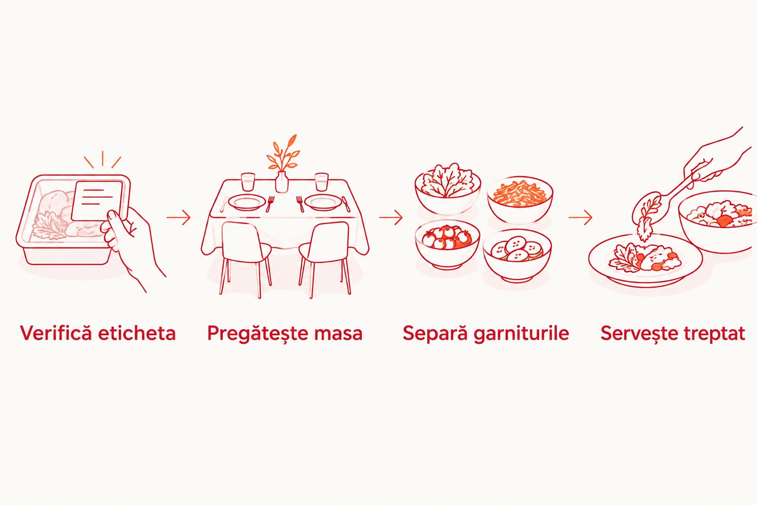 Pașii pregătirii: etichetă, masă, garnituri separate și servire treptată.