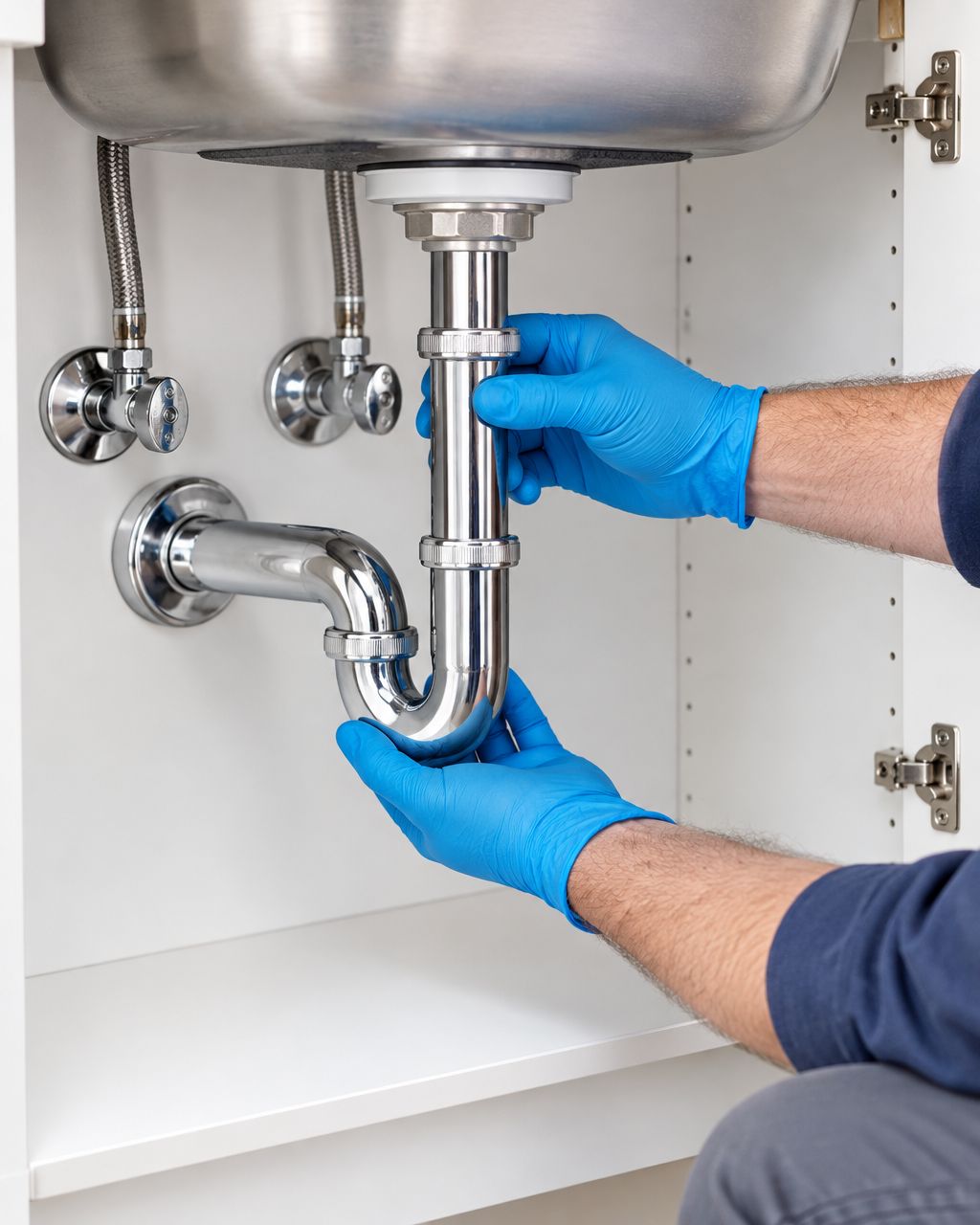 Illustrative close-up of gloved hands inspecting plumbing beneath a clean kitchen sink.