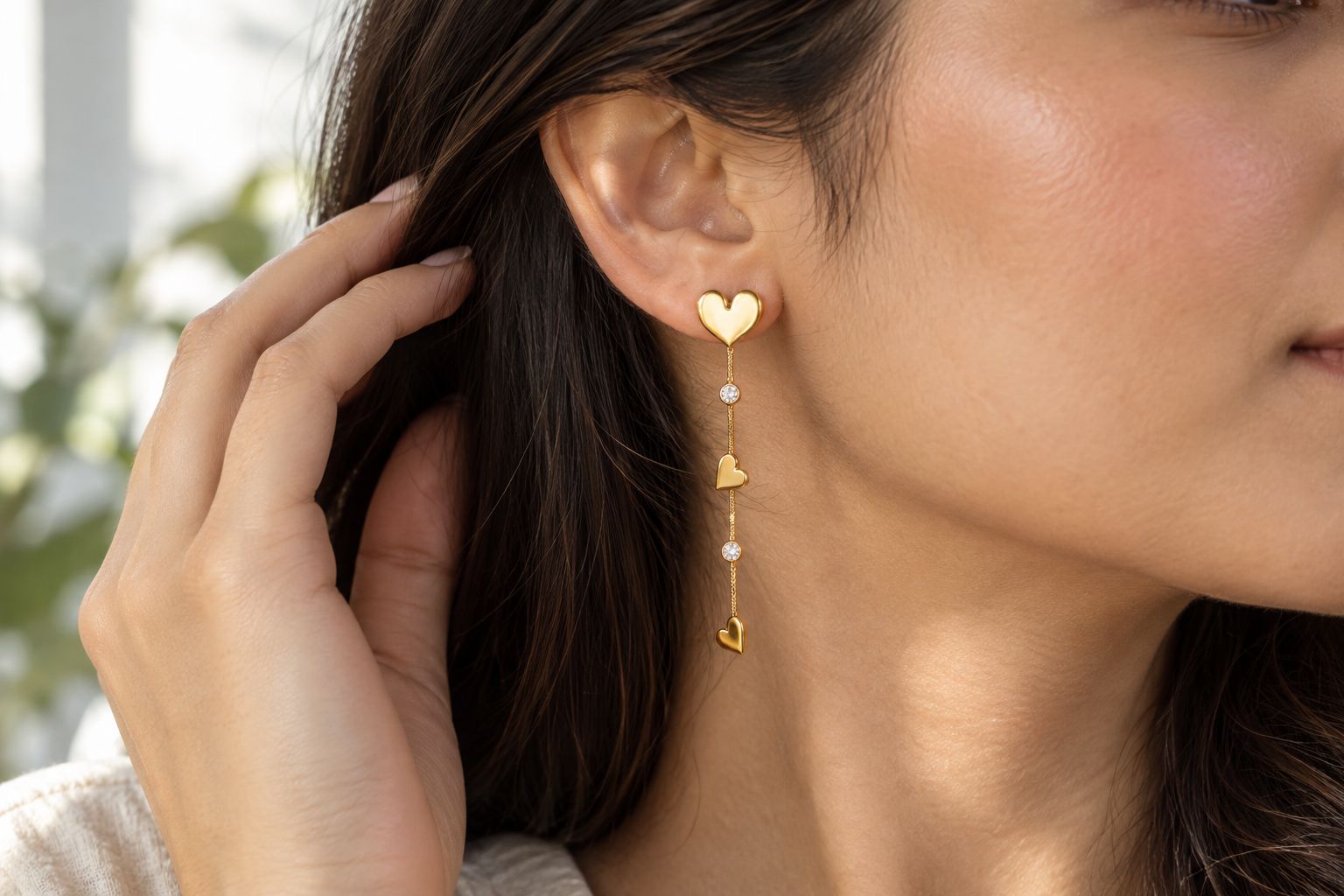 Gold-plated anti-tarnish drop earring worn as everyday jewellery