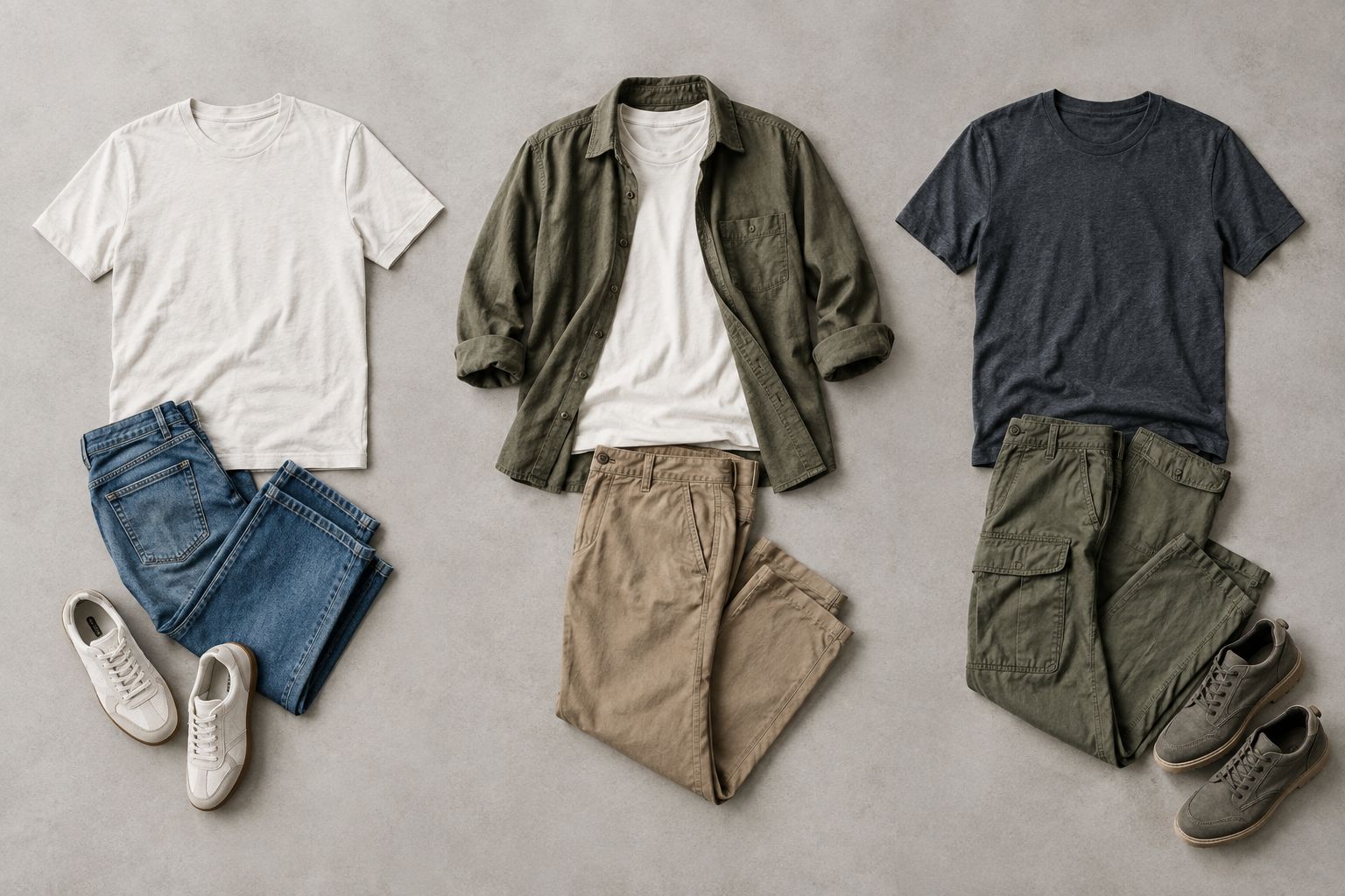 Three unbranded outfit layouts using denim, open layering, and cargo trousers