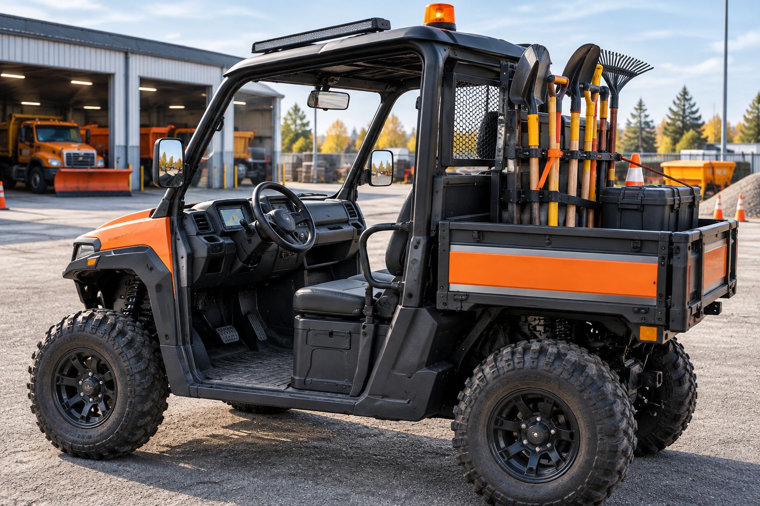 Utility side-by-side with secured tools, a clear footwell, and unobstructed mirrors