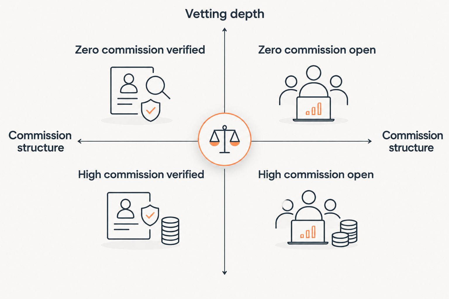 2x2 matrix comparing mixing engineer platforms by commission and vetting
