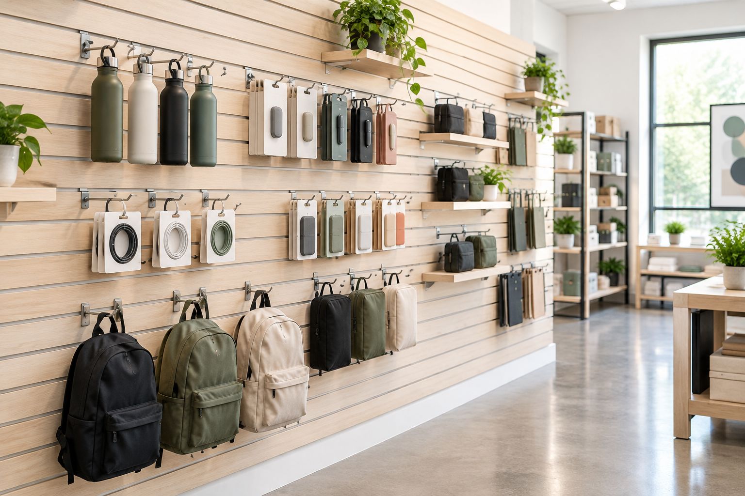 Slatwall display viewed from the aisle showing product spacing and projecting hooks