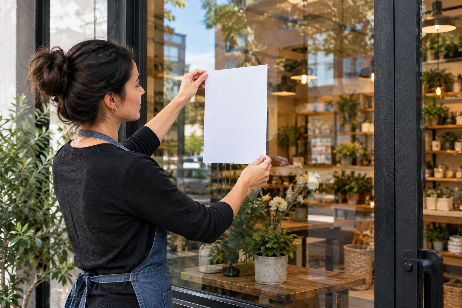 Checking a proposed decal position against reflections on a storefront glass door