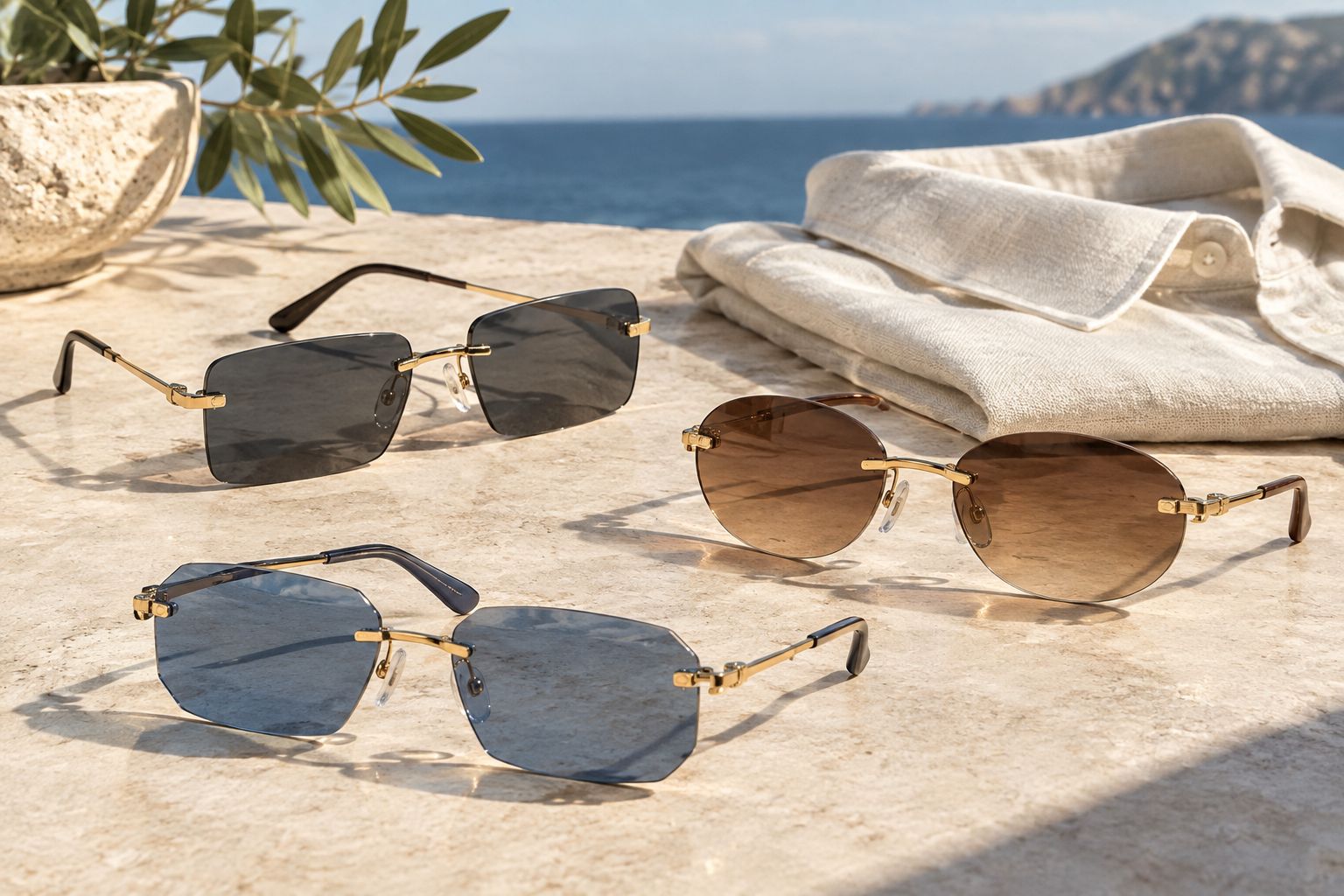 Generic rectangular, oval and angular rimless sunglasses showing their different exposed lens outlines.