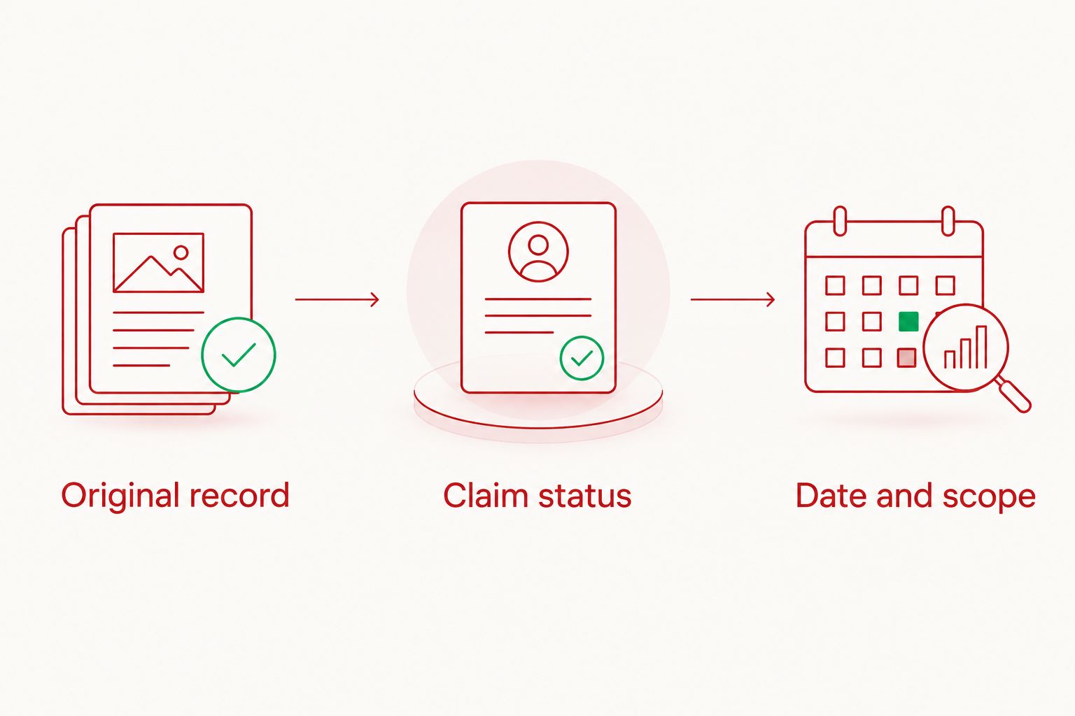 Three evidence checks: original record, claim status, and date and scope.