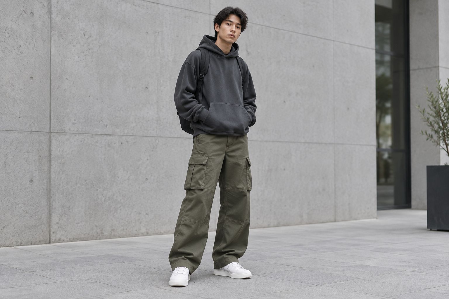 Wide-leg cargo pants with a roomy hoodie and hems kept off the ground