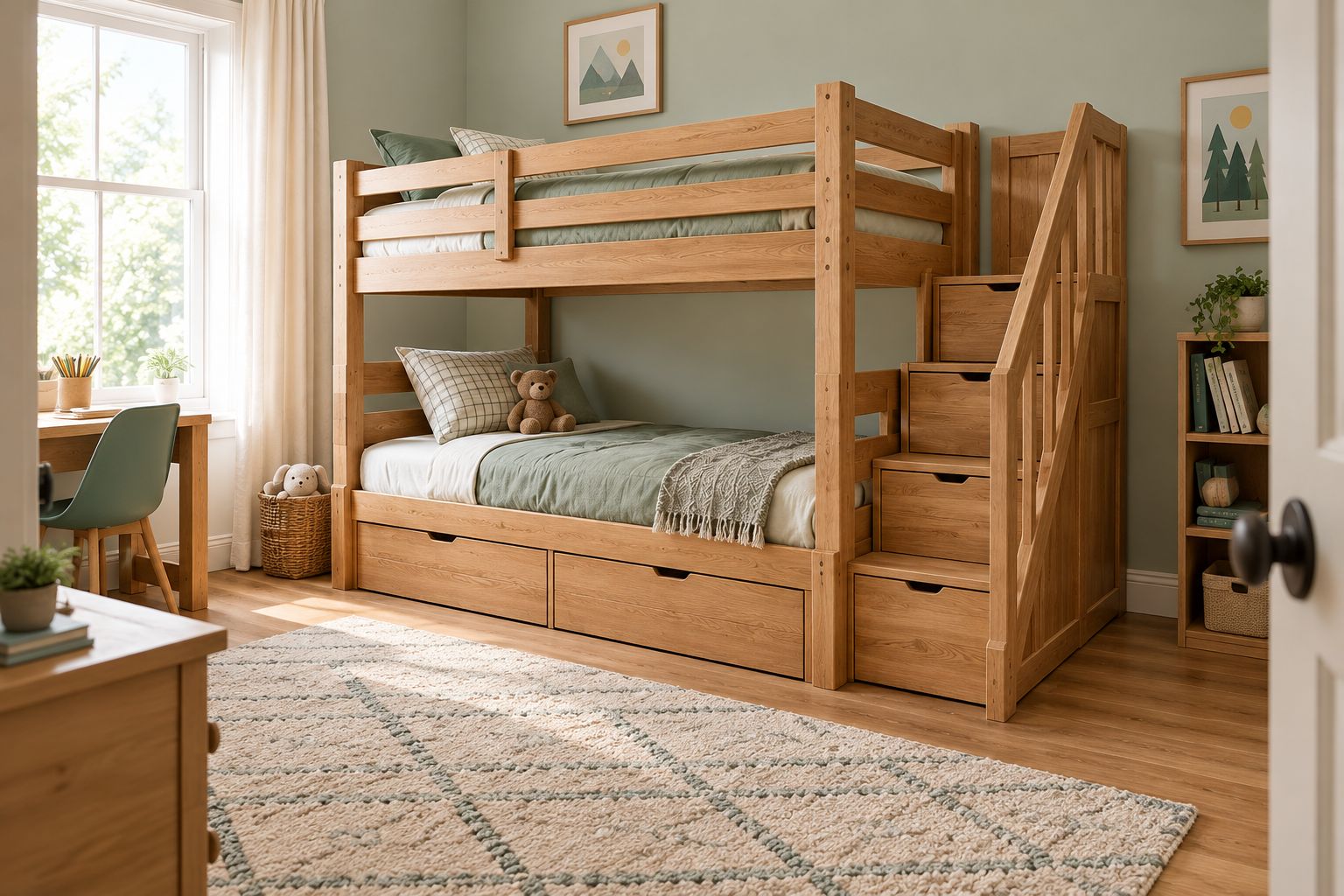 Wood bunk bed with stairs and a visible approach from a bedroom doorway