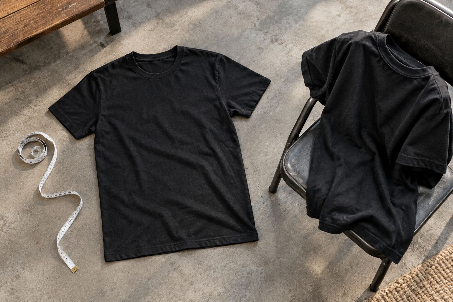 Plain T-shirt laid flat beside a measuring tape for a fit comparison