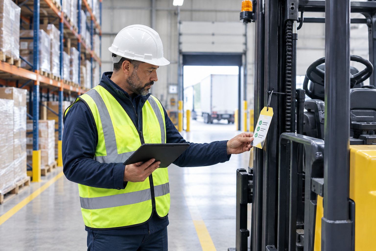 Safety consultant checking a forklift inspection tag in a warehouse aisle