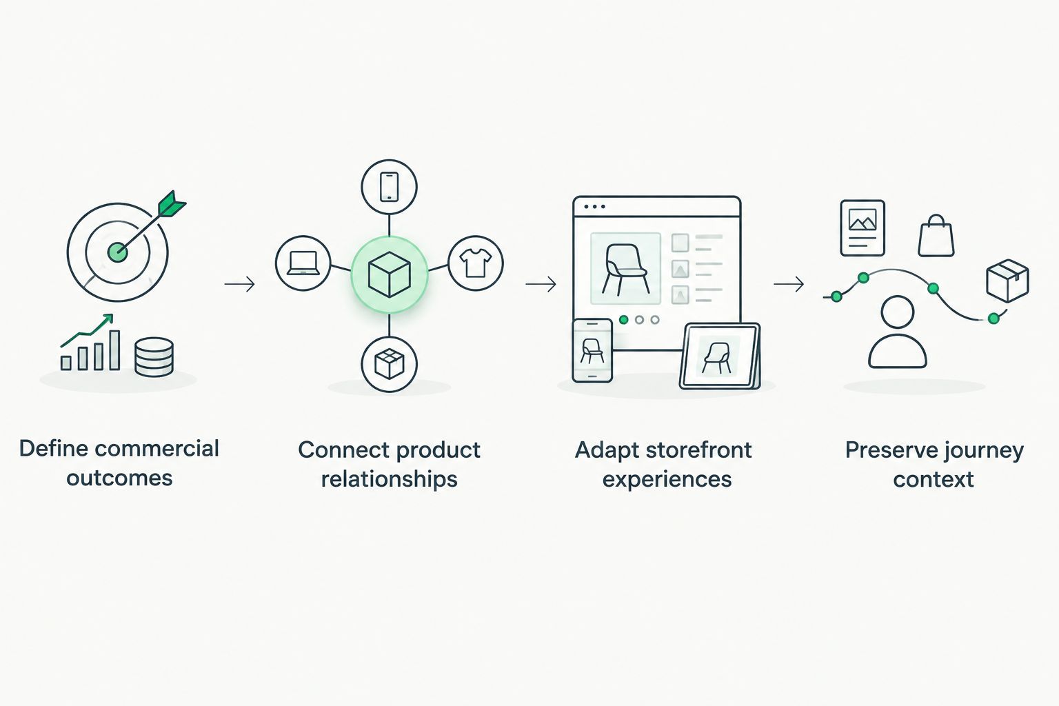 Four steps connecting commercial goals, product relationships, storefront adaptation, and journey context